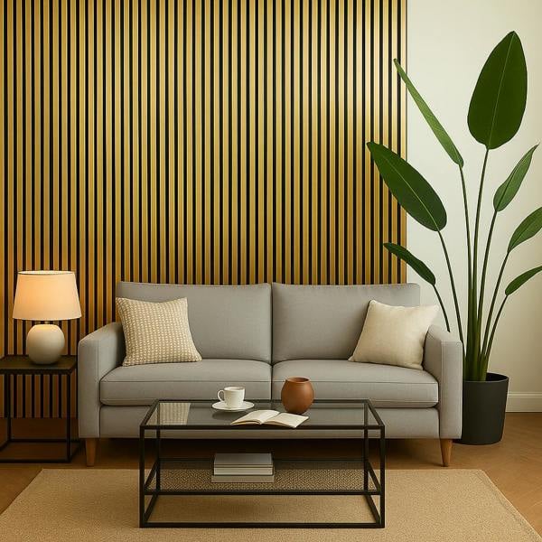 Panel Haus Gold Colour Acoustic Slatted Wood Wall Panels- 240cm x 32cm (2 pack)