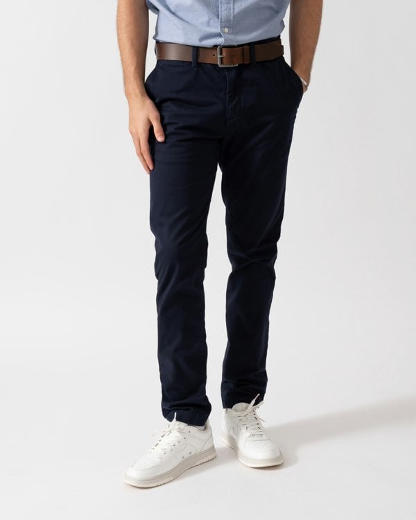 Model wearing GANT Mens Slim Fit Classic Chinos in Evening Blue