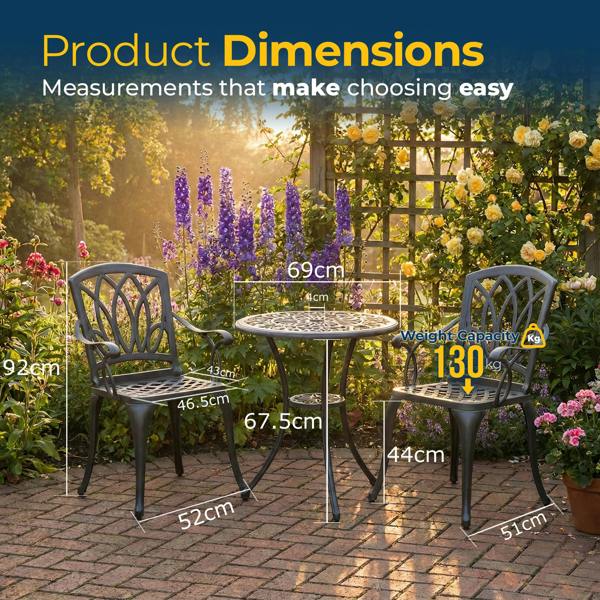 Homeology POSITANO Luxurious Garden and Patio Table and 2 Large Chairs with Armrests Cast Aluminium Bistro Set - Grey