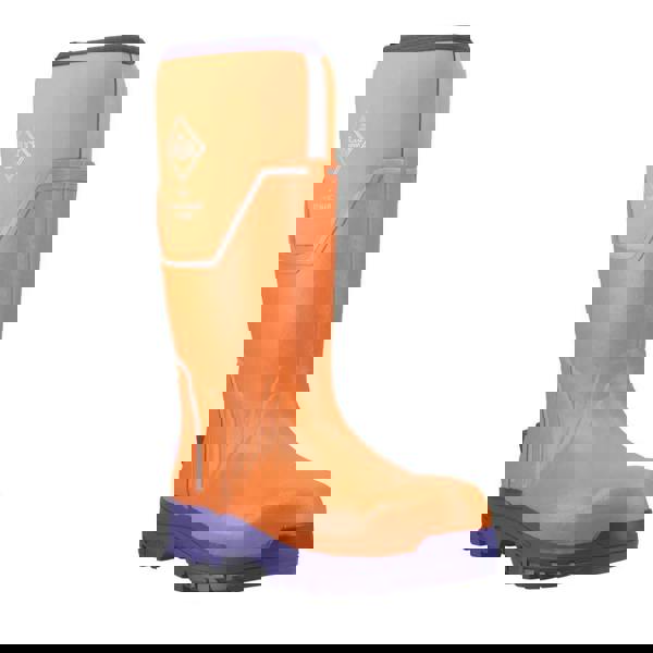 Muck Boots MUCK Boots GRIT S5 Mens Tall Safety Composite Toe/Midsole Wellie, orange waterproof rubber safety boot with blue sole and safety toe design.