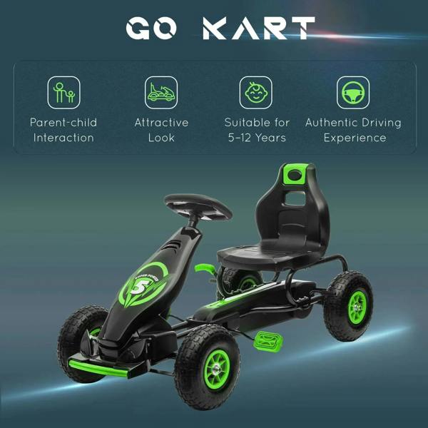 Kids pedal go-kart with black seat and steering wheel, green accents on front tires.