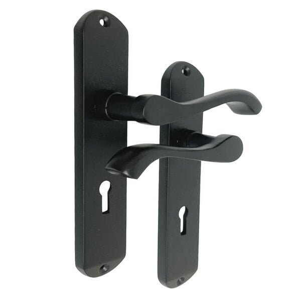EDH Door Hardware EDH Cadenza Matt Black Victorian Scroll Door Handles – Lever Lock Backplate 178mm x 38mm