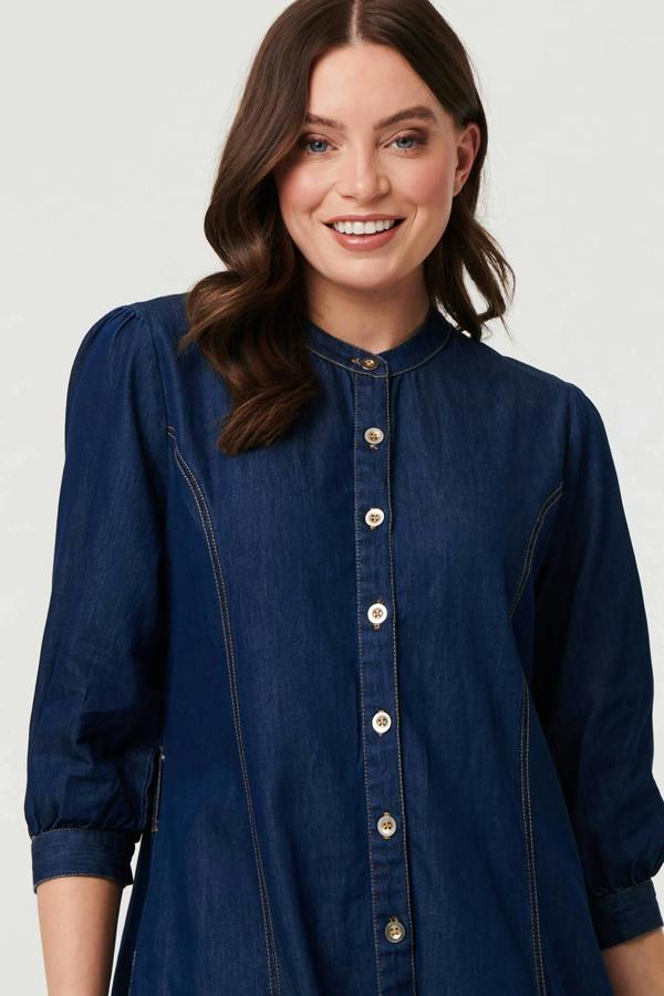 Blue | Collarless Knee Length Shirt Dress