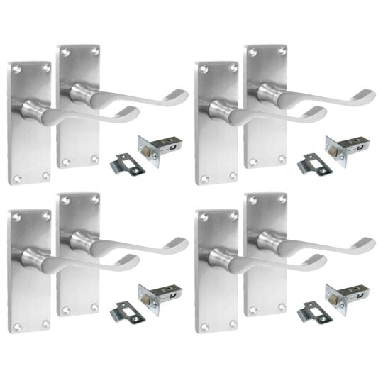 EDH Door Hardware Satin Chrome Victorian Scroll lever Latch Modern Door Handles, 4 Pairs + Tubular Latch