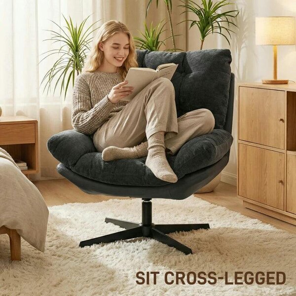 Accent Chair with Footstool, Swivel Lounge Chair with Chenille Upholstery, Metal Base, Dark Grey