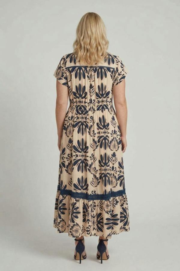 Navy | Curve Printed Lace Cap Sleeve Maxi Dress