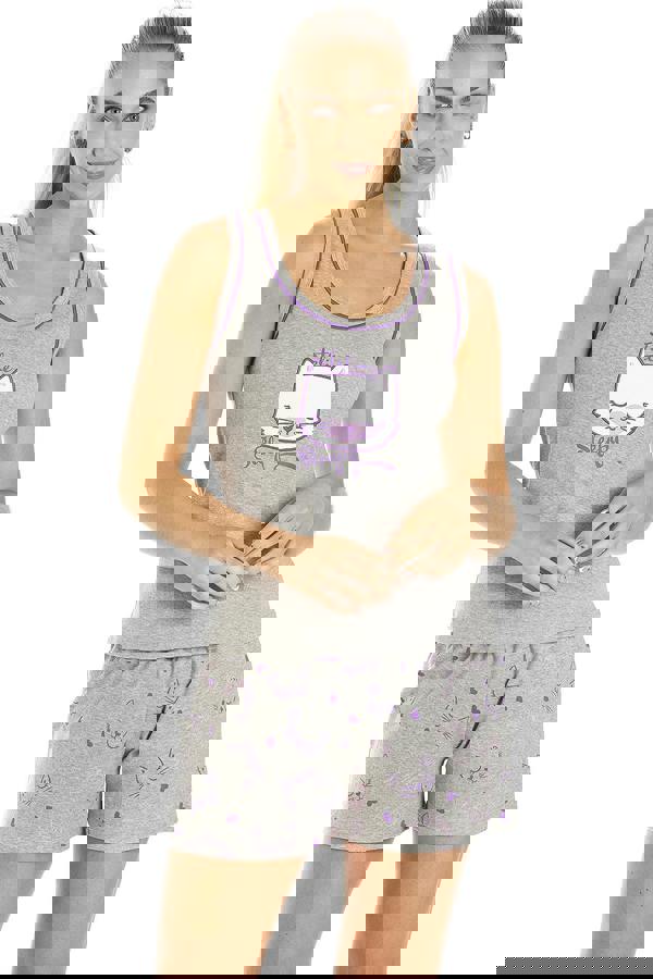 Camille Womens Short Cotton Grey Cat Print Pyjama Set