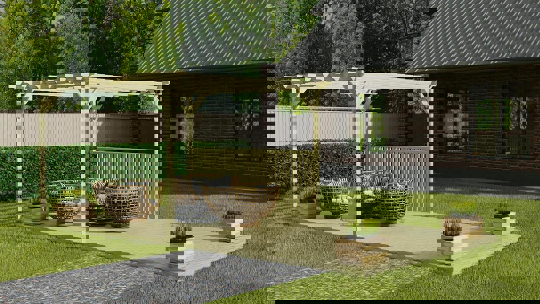 Rectangular pergola and decking kit with balustrade, made from pressure treated timber and high quality pergola posts, featuring a raised wooden deck, vertical slatted balustrade, and an open pergola roof frame.