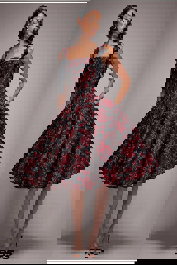 Jacquard Multiway Bow Strap Skater Midi Dress - Black DR4866