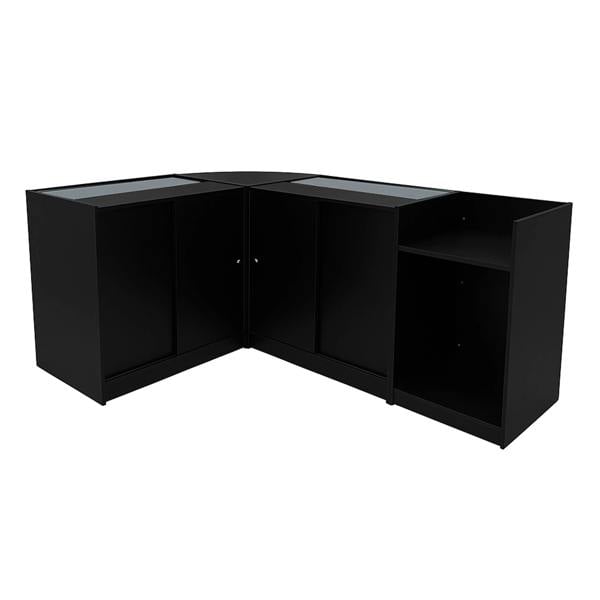 Black Phoenix LED Shop Counter Set featuring sleek design, glass display tops, and ample storage space in a modern corner layout