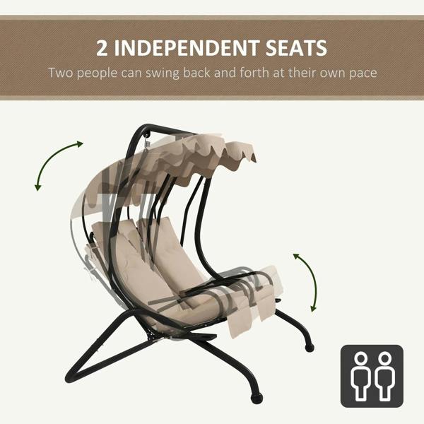 Beige two-seat swing chair with protective canopy, two padded seats on curved black frame.