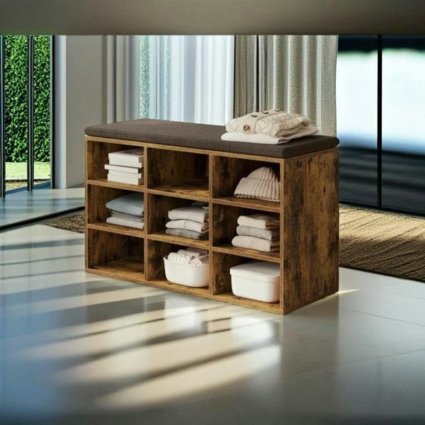Modcraft Storage Shoe Bench with Padded Seat and Cushion, 9 Compartments with Adjustable Shelves