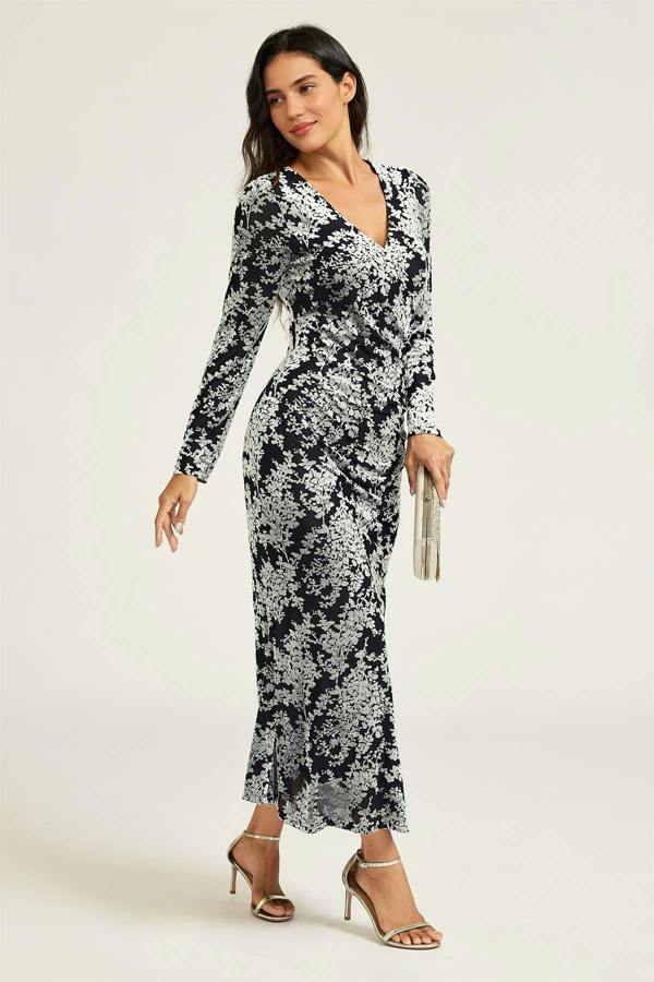FS Collection Silver Floral Velvet Devore Long Sleeve Wrap Midi Dress In Black
