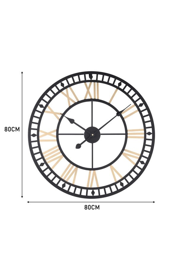 Living and Home 80cm Dia Black Frame Gold Roman Numeral Hollow 60 Scale Wall Clock