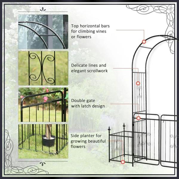 Black metal arbor arch with double doors, scrollwork details and side planter section shown