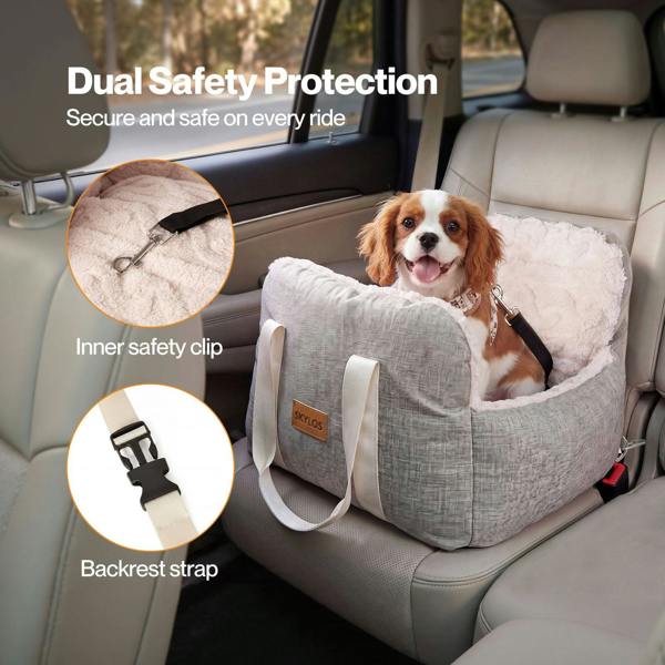 Skylos Dog Car Seat Safe Booster Bed Small Pets Travel Carrier Washable Beige
