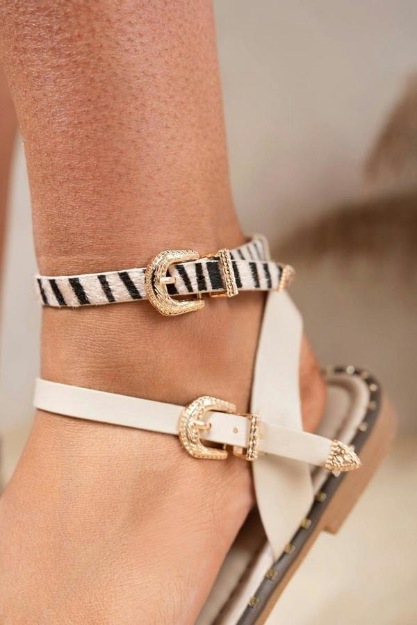Zamira Toe Loop Flat Sandals With Zebra Buckle Straps - Beige