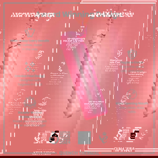 A pink, double-walled stainless steel water bottle is being held; it features a hide-away carry handle, crevice-free design, hygiene cover, and wide opening mouth. Award-winning design, 2024.