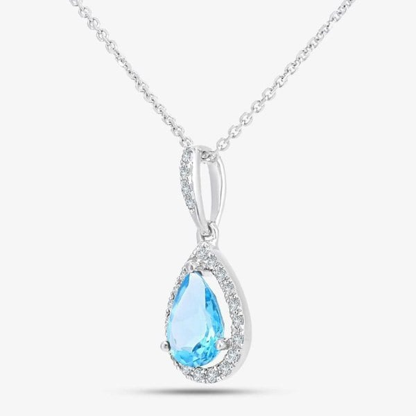 T. H. Baker 9ct White Gold Pear Shaped Blue Topaz & Diamond Pendant Necklace DP1618WBT