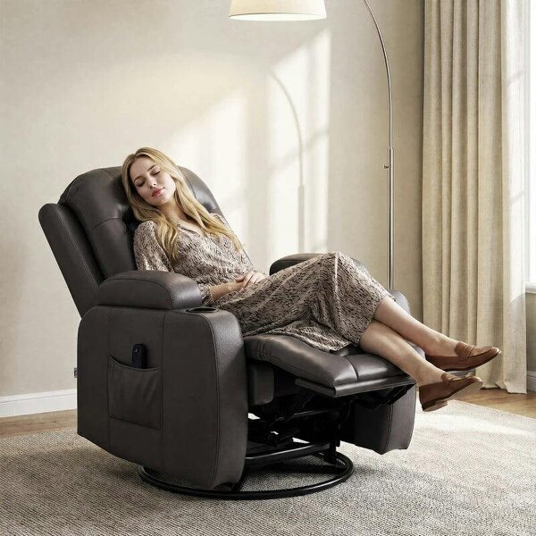 PU Leather Recliner Chair, Recliner Armchair with Extended Footrest, Cup Holders and Side Pockets, Dark Brown