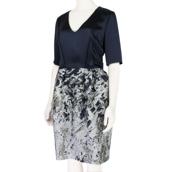Prabal Gurung Midnight Blue Satin Silver Jacquard Bubble Skirt Dress