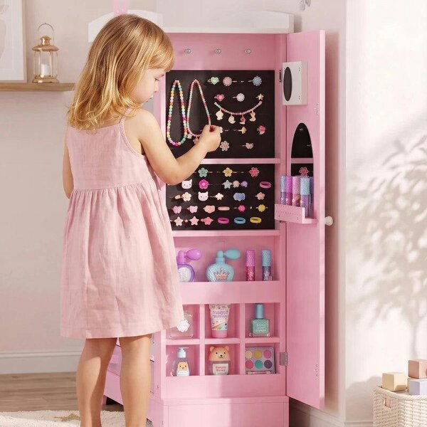 Kids Wardrobe with Lighted Mirror, Clothes Rail, Jewelry Cabinet, Shelves, Storage Boxes for Bedroom, Nursery, Pink