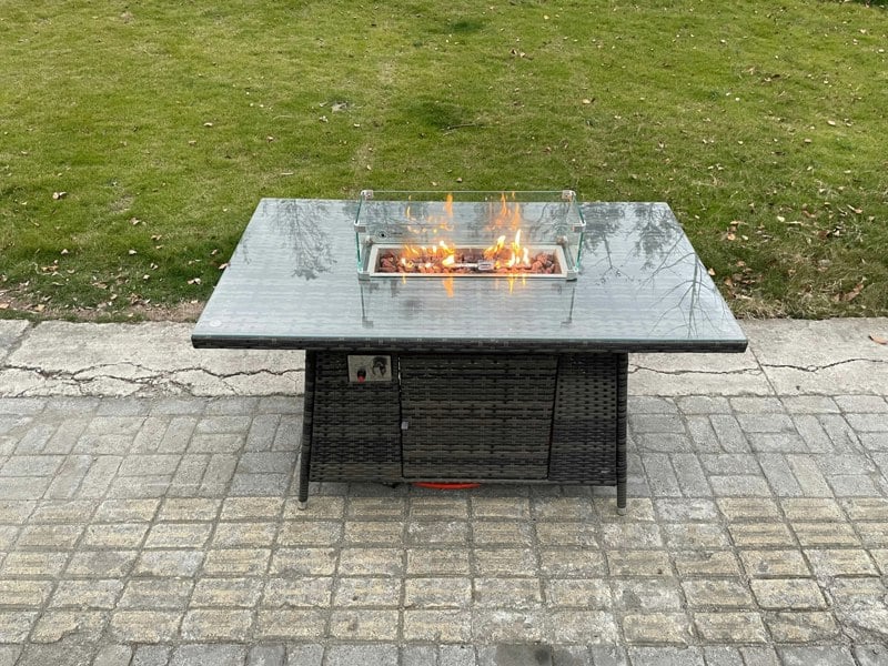 Fimous 8 Seater Rattan Garden Furniture High Back Corner Sofa Gas Fire Pit Dining Table Sets Gas Heater with 2 Big Footstool Dark Grey Mixed