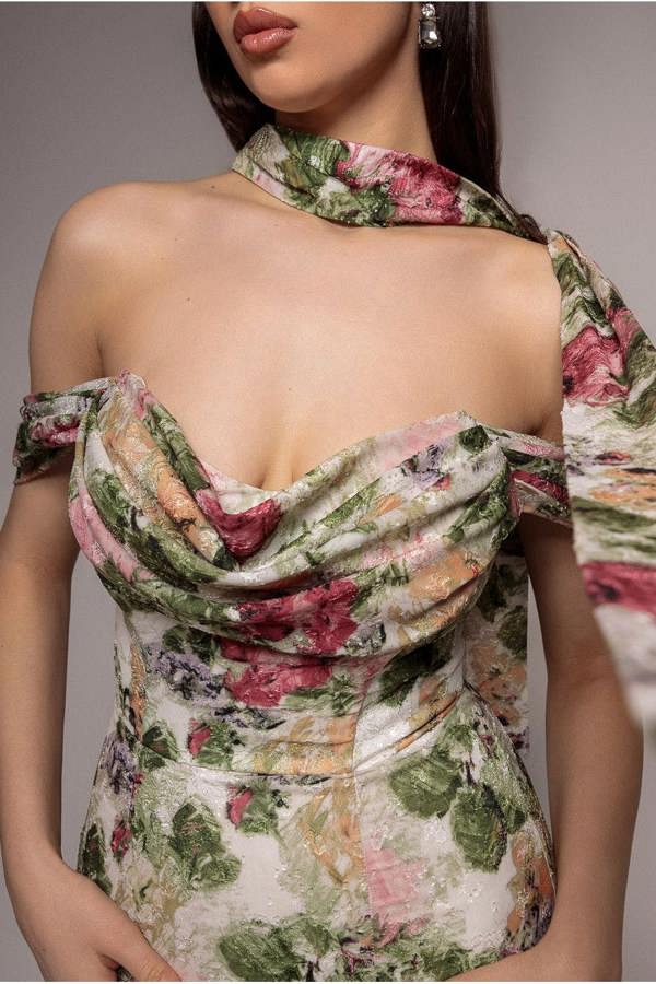 Cowl Neck Floral Print Jacquard Chiffon Tiered Midi Dress - Cream DR4871