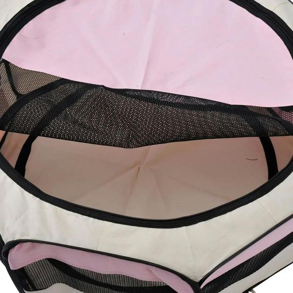 Pink pet playpen top opening with black mesh side panels and padded fabric rim