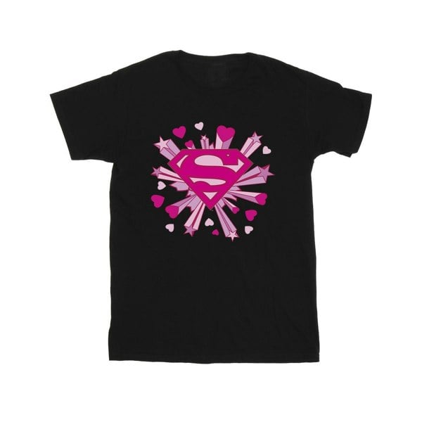 DC Comics Girls Superman Pink Hearts And Stars Logo Cotton T-Shirt - Black