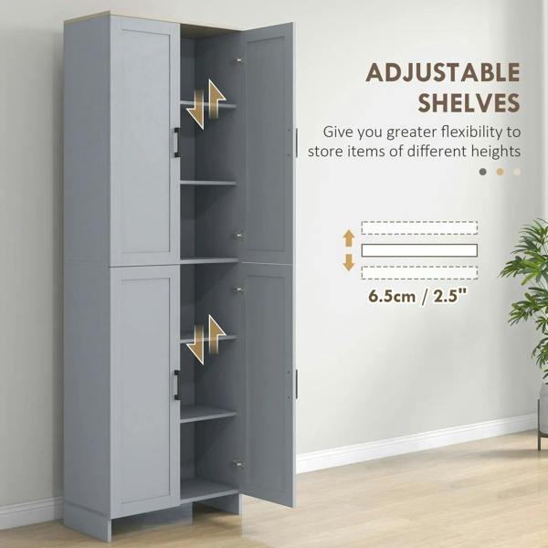 Grey pantry cabinet showing adjustable shelf pegs and open-door interior shelving