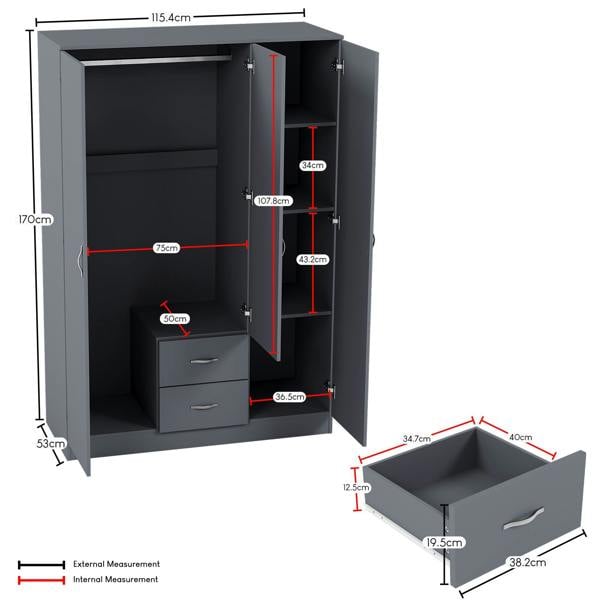 Vida Designs Riano 3 Door 2 Drawer Mirrored Wardrobe