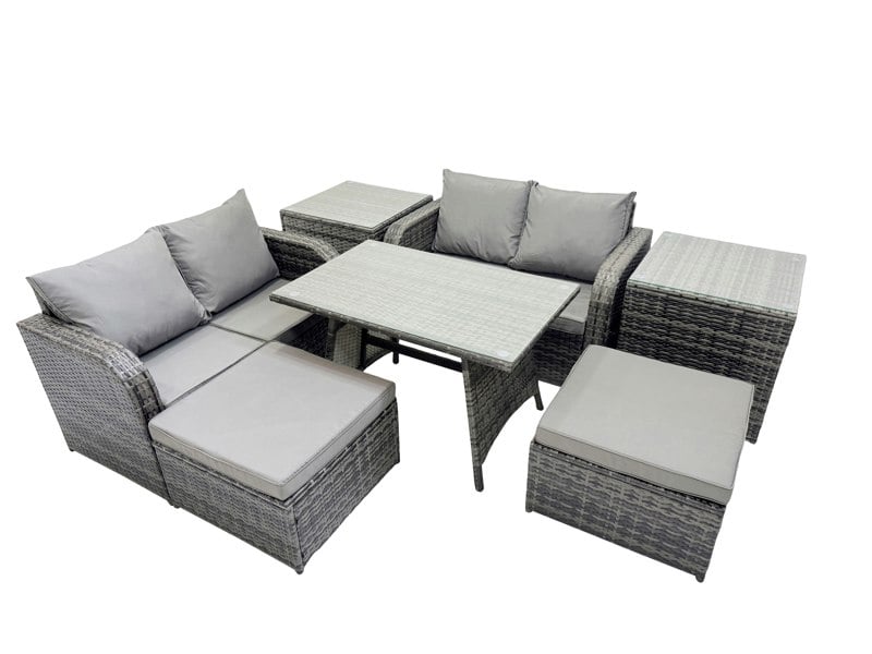 Fimous 6 Seater Garden Outdoor Rattan Furniture Set Rattan Sofa Oblong Dining Table with 2 Side Table Dark Grey
