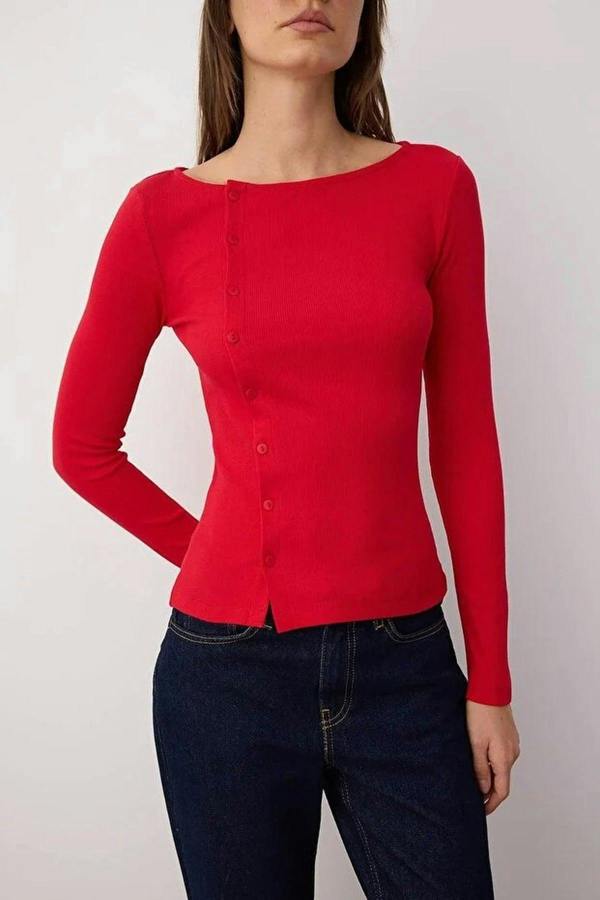 WOVCOR Buttoned Crew Neck Ribbed Flexible Knit Blouse