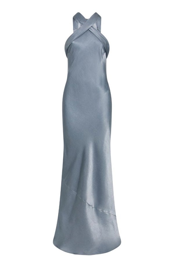 Rewritten London Roma Dress in Pale Blue Satin