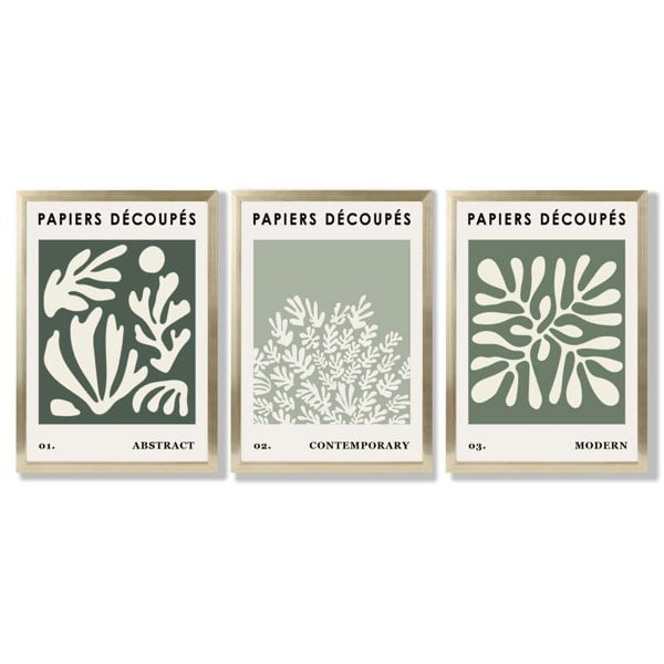Matisse Floral Set of 3 in Green and Sage Framed Art Prints with Gold Wood Frames