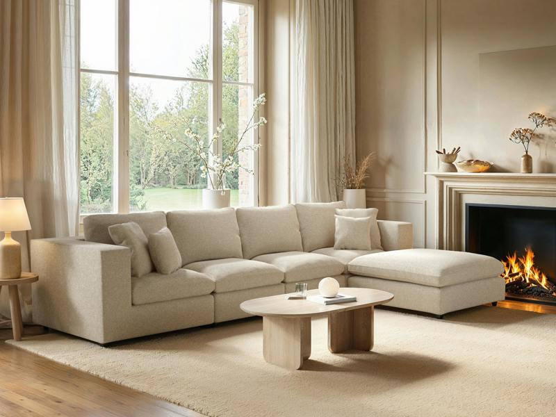 SOLACE+CO Asher Large Sofa with Reversible Footstool Beige Boucle