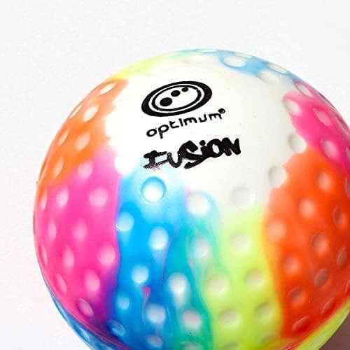 Close-up of multi-colour rainbow dimpled Optimum Fusion hockey ball with black logo on white - Optimum