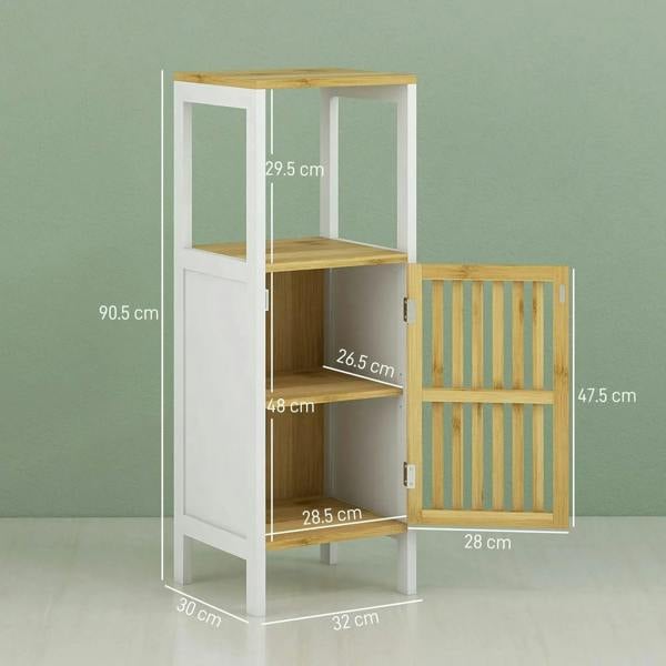 White bathroom cabinet with open shelves and bamboo slatted door in side view