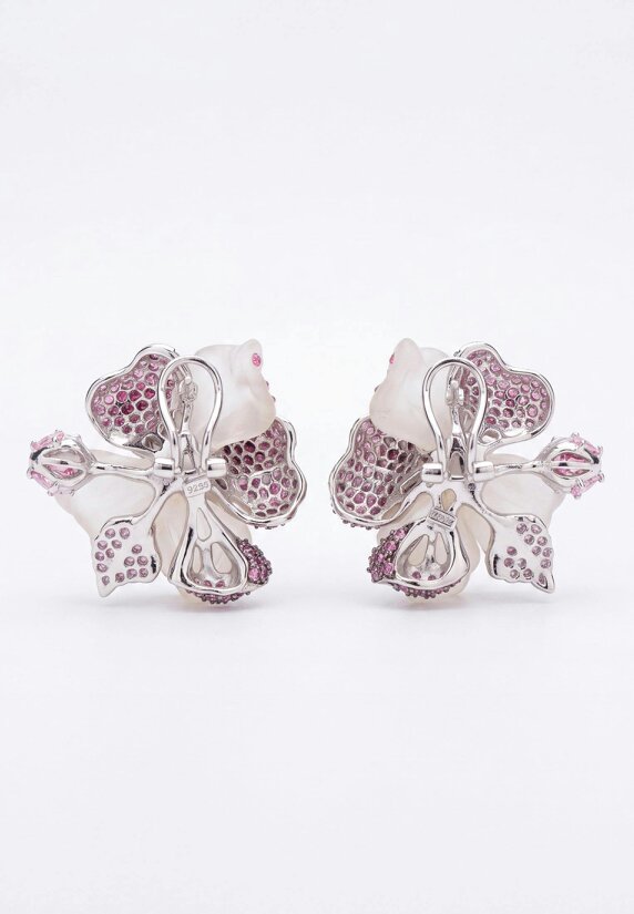 Latelita White Jade Ruby Rose Flower Stud Earrings Silver