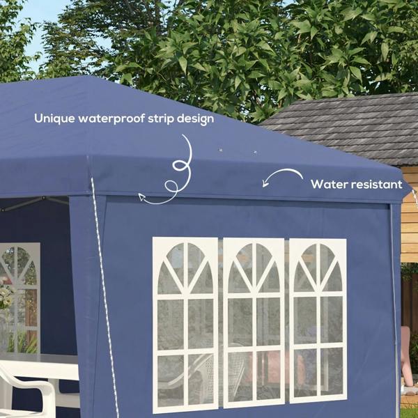 Blue pop-up gazebo tent sidewall with white window panel and reinforced waterproof seam