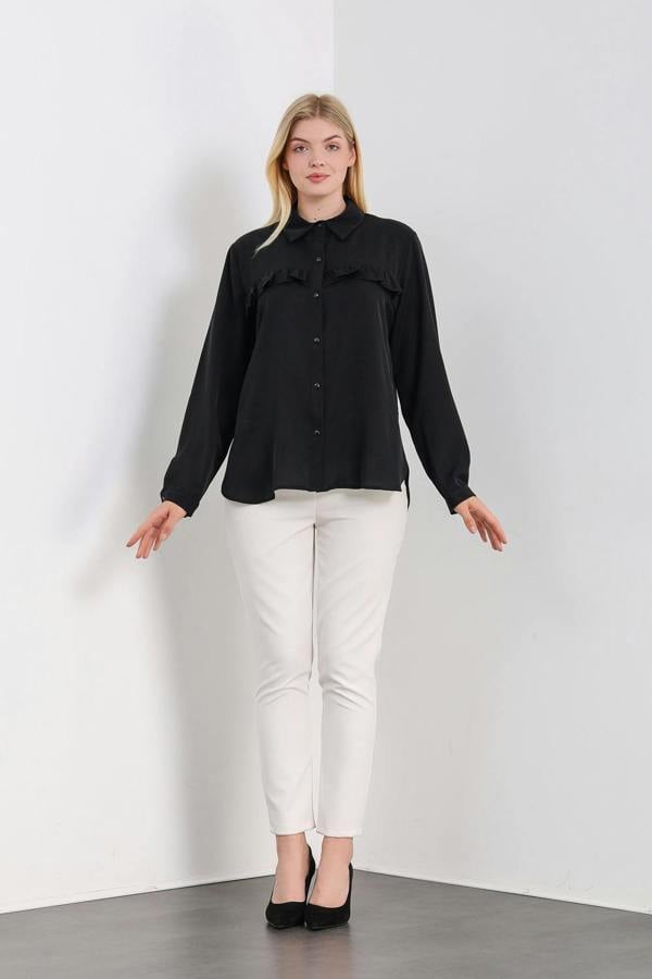 Hoxton Gal Oversized Frill Detailed Long Sleeves Blouse Shirt in Black