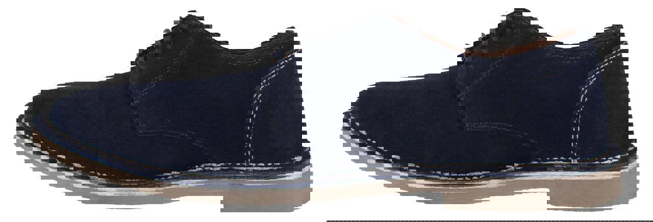 Lambretta Clerkenwell Mens Casual Derby Suede Lace Up Shoes, dark blue suede shoes with white stitching and lace-up design.