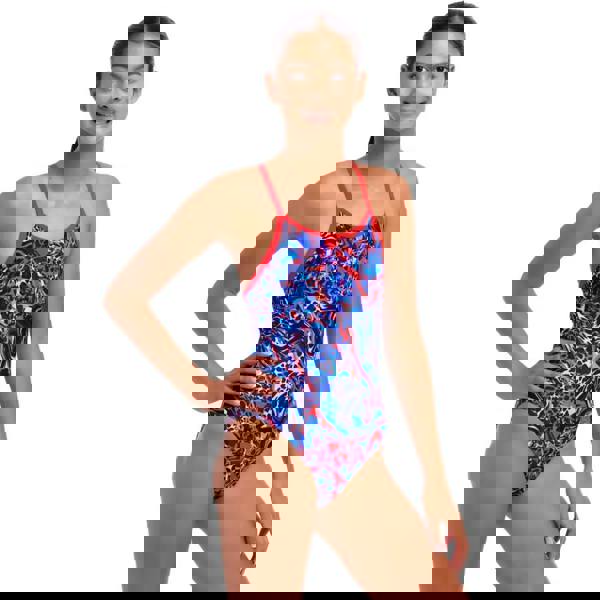 Funkita girls mad cat diamond back swimsuit in blue and red nylon spandex