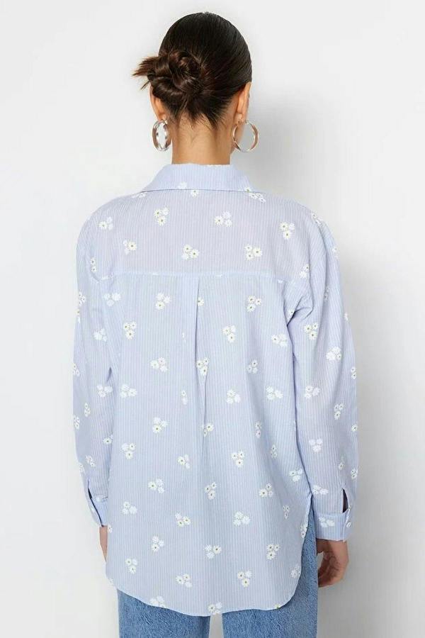 WOVCOR Striped Floral Pattern Cotton Oversize Woven Shirt