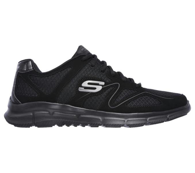 Skechers Verse-Flash Point Mens Sports Gym Walking Lace Up Trainers, black athletic sneakers with mesh detail, cushioned sole, and lace-up closure for men.