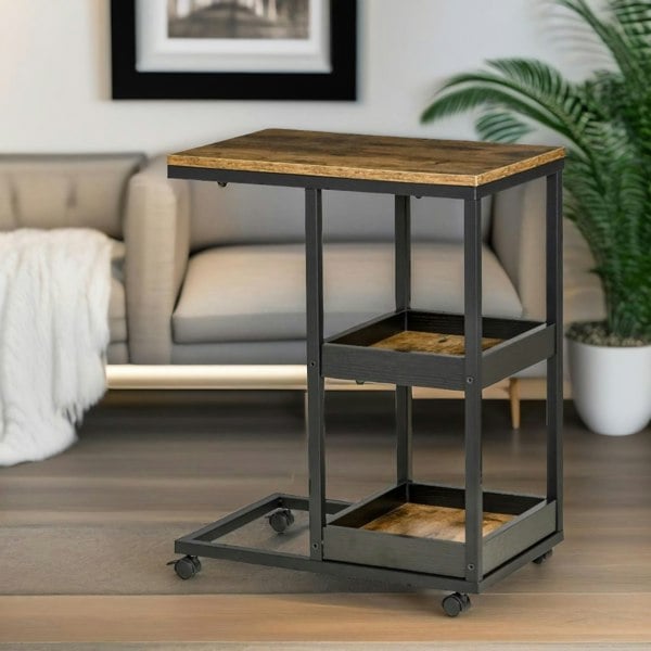 Rafaelo Mobilia Industrial C Shaped Side Table 3-Tier With Wheels