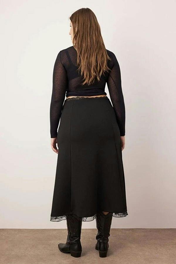 WOVCOR Lace Slit Detail Midi Knitted Plus Size Skirt