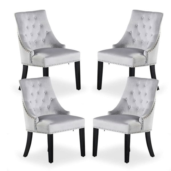 Life Interiors Set of 4 Velvet Dining Chairs Ergonomic Scoop Knockerback & Button Tufted Wood Legs