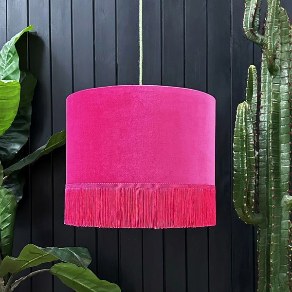 love frankie raspberry velvet lampshade with gold lining and fringing